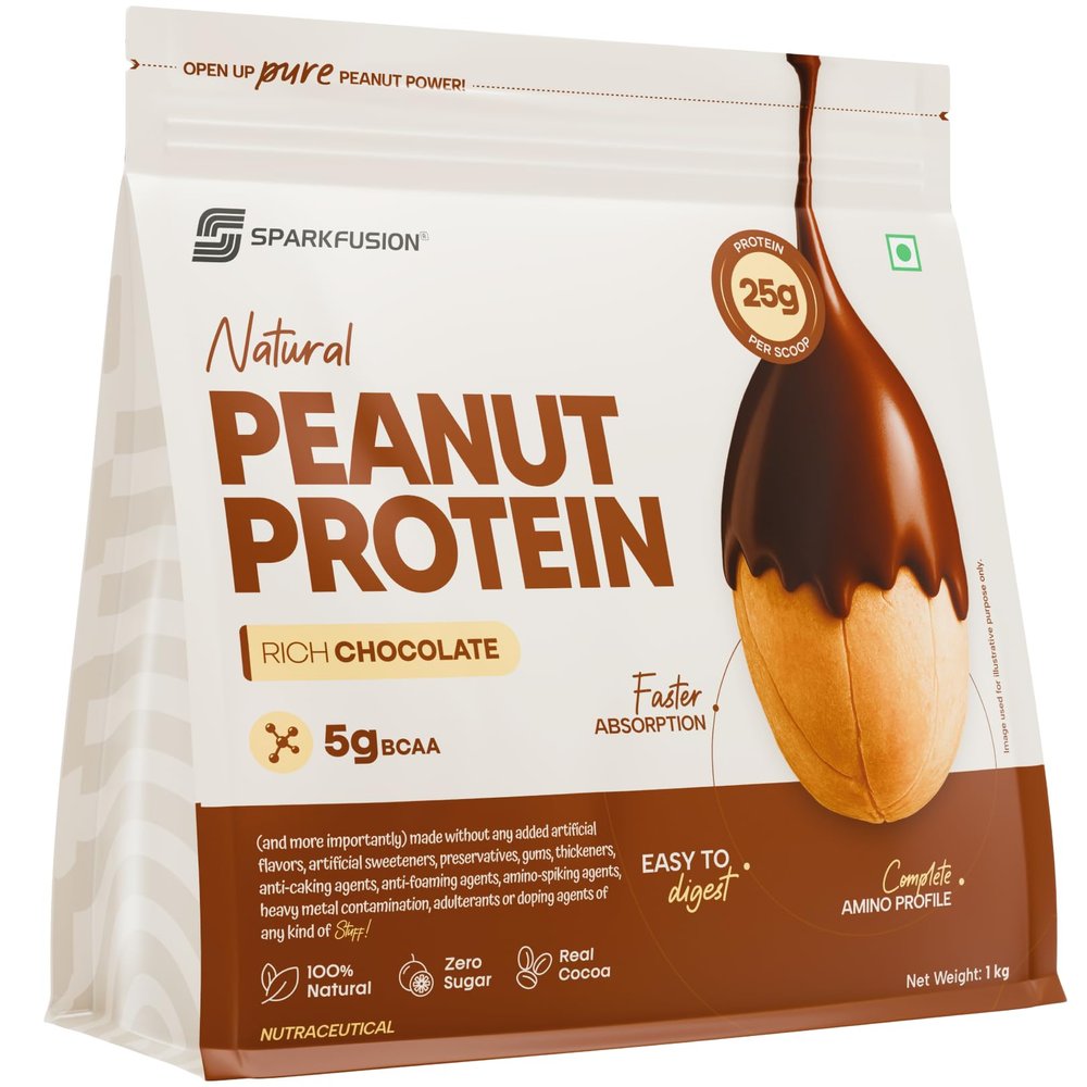 Sparkfusion Natural Peanut Protein IsolateRich Chocolate Flavor25g Protein,5g BCAA, Zero Sugar, Gut-Friendly, Vegan, Lab-Tested, No Artificial Additives -1 kg