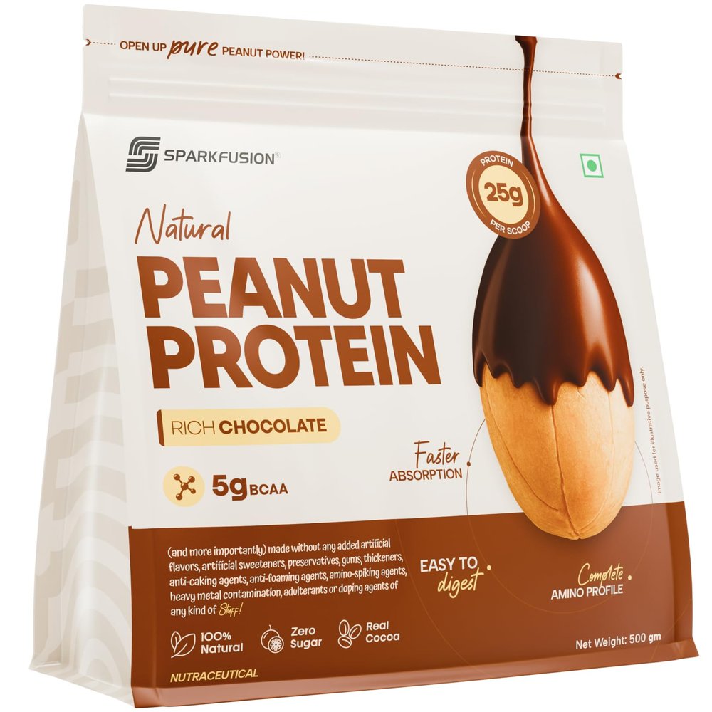 SparkFusion Natural Peanut Protein Isolate Flavor 25g Protein, 5g BCAA, Zero Sugar, Gut-Friendly, Vegan, Lab-Tested, No Artificial Additives (500 g (Pack of 1), Rich Chocolate)