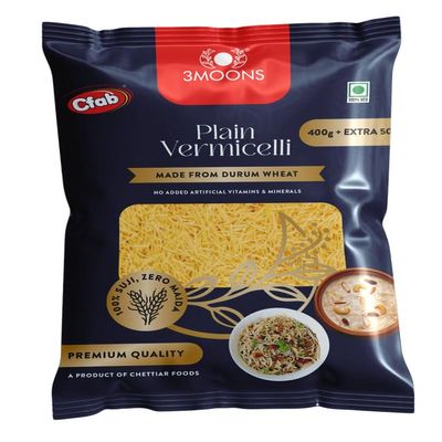 3MOONS Durum Wheat Plain Vermicelli-450g | 100% Sooji, No Maida | Healthy & Tasty Non-Sticky Seviyan | Perfect for Kheer, Upma, Payasam & Daily Recipes | Pure Vegetarian (Pack of 4 X 450g Each)