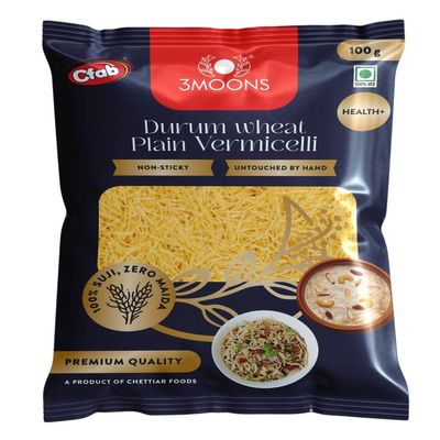 3MOONS Durum Wheat Plain Vermicelli-100g | 100% Sooji, No Maida | Healthy & Tasty Non-Sticky Seviyan | Perfect for Kheer, Upma, Payasam & Daily Recipes | Pure Vegetarian (Pack of 10 X 100g Each)