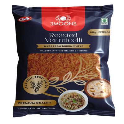3MOONS Durum Wheat Roasted Vermicelli-450g | 100% Sooji, No Maida | Healthy & Tasty Non-Sticky Seviyan | Perfect for Kheer, Upma, Payasam & Daily Recipes | Pure Vegetarian (Pack of 4 X 450g Each)