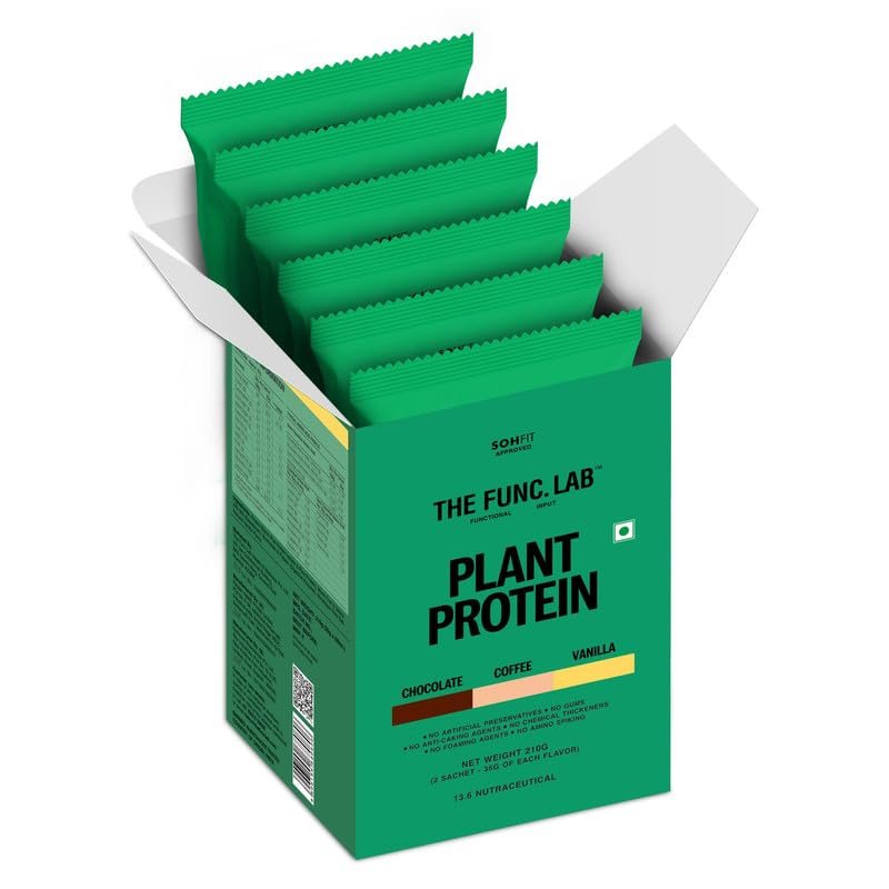 The Func. Lab Plant Protein - Assorted Flavour Travel Packs | 6 Sachets (35g each) | 27-28g Protein per Scoop | Pea and Rice Blend | Vegan, SugarFree, 100% Clean Label, Gut Friendly, Vegetarian