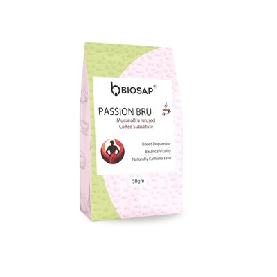 Biosap Coffee Substitute Mucuna Passion Bru | Caffeine Free Herbal Coffee Alternative | 50 Grams | Calm Focus Steady Energy | Vegan Warm Evening Drink