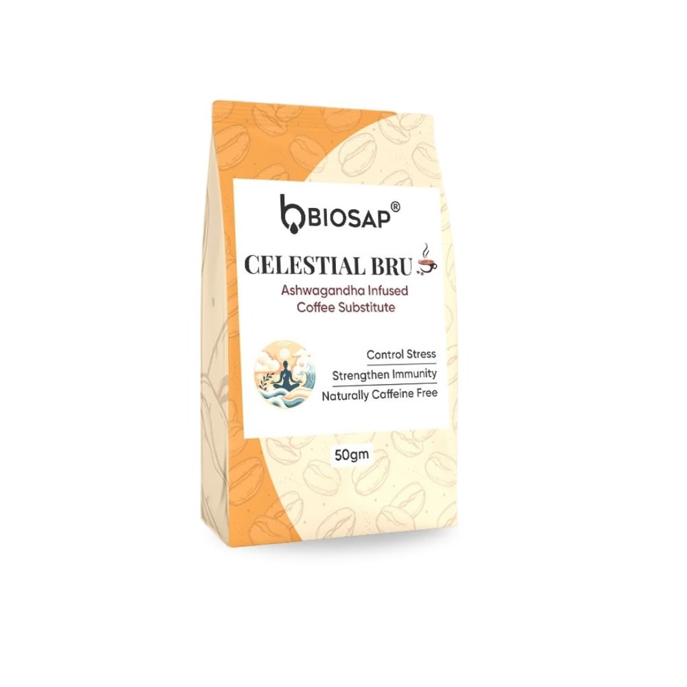 Biosap Coffee Substitute Ashwagandha Celestial Bru | Caffeine Free Herbal Coffee Alternative | 50 Grams | Adaptogenic Calm Focus Blend | Smooth Roast Flavor