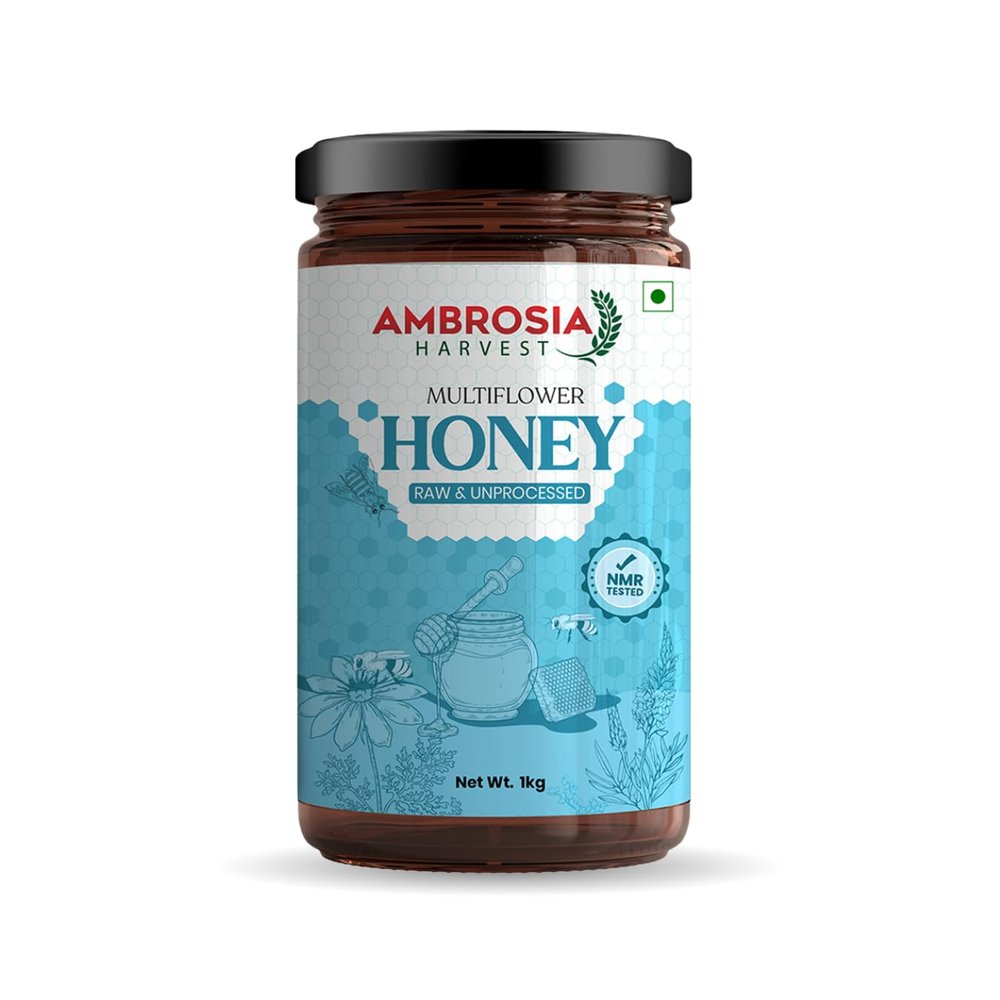 Ambrosia Harvest Pure Multiflora Honey 1Kg Glass Bottle, HRMS & NMR Tested, Raw Natural Honey with No Sugar Adulteration, Unheated & Unprocessed Shahad, Curing Cough & Cold