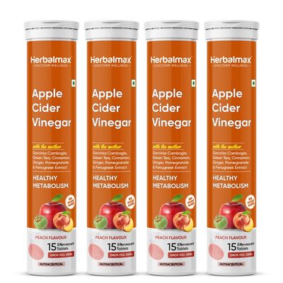 Herbalmax Apple Cider Vinegar Effervescent Tablets with Vitamins C, B6 & B12 | Sugar-Free | Peach Flavour | 15 Effervescent Tablets (Pack of 4)
