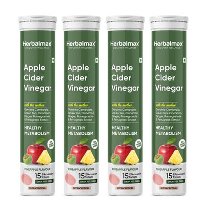 Herbalmax Apple Cider Vinegar Effervescent Tablets with Vitamins C, B6 & B12 | Sugar-Free | Refreshing Pineapple Flavour | 15 Effervescent Tablets (Pack of 4)
