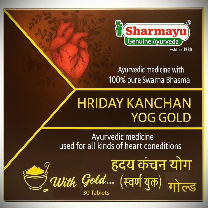 Sharmayu Hriday Kanchan Yog Gold 30 Tablets | Enriched with Swarna Bhasma, Arjun Chhal & Jatamansi | Ayurvedic Medicine for Healthy heart, Energy & General Wellness.