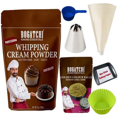 BOGATCHI Chocolate Whipping Cream Powder & Golden Color Balls Kit | Ideal for Cake Decoration, Desserts & Baking 200 gm
