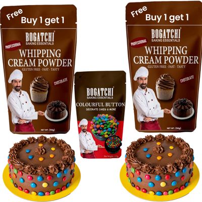 BOGATCHI Chocolate Whipping Cream Powder with Colourful Choco Buttons Kit  20g | Ideal for Cake Decoration, Cupcakes, Pastries & Desserts (50g x Pack of 2)