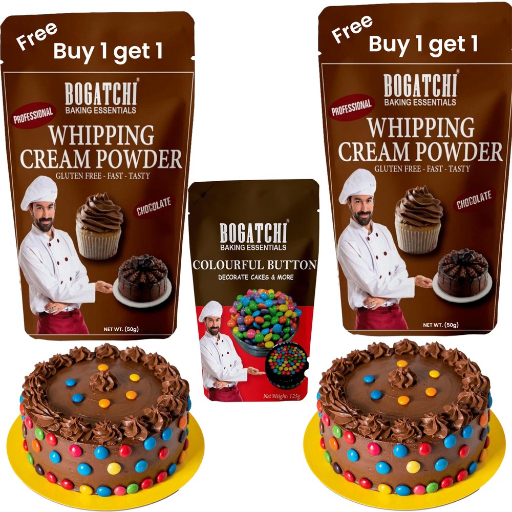 BOGATCHI Chocolate Whipping Cream Powder with Colourful Choco Buttons Kit  20g | Ideal for Cake Decoration, Cupcakes, Pastries & Desserts (50g x Pack of 2)