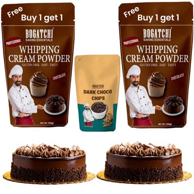 BOGATCHI Chocolate Whipping Cream Powder with Dark Choco Chips Kit 20g | Rich, Creamy & Perfect for Cakes, Desserts & Baking (50g x Pack of 2)