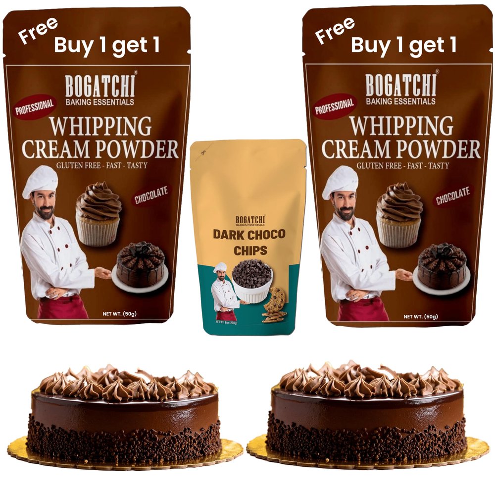 BOGATCHI Chocolate Whipping Cream Powder with Dark Choco Chips Kit 20g | Rich, Creamy & Perfect for Cakes, Desserts & Baking (50g x Pack of 2)