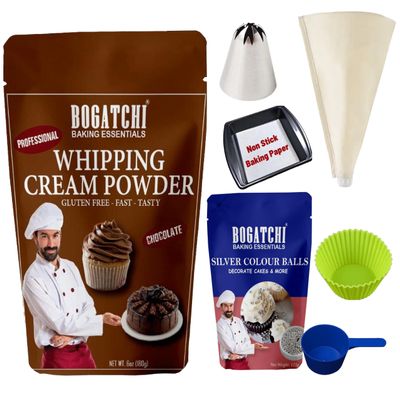 BOGATCHI Chocolate Whipping Cream Powder & Silver Color Balls Kit | Perfect for Cake Decoration, Desserts & Baking  200 gm