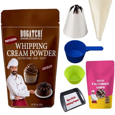 BOGATCHI Chocolate Whipping Cream Powder with 3 in 1 Choco Chips Kit | Rich, Creamy & Easy Dessert Mix | Ideal for Cakes, Pastries, Cupcakes & Toppings (200g Pack)