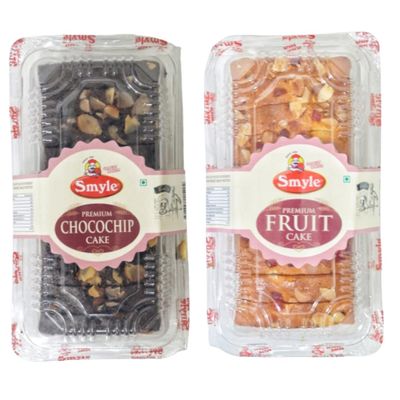 Smyle | Eggless Chocolate & Fruit Cake Combo | Pack of 2 (200g Each) | Almond Topped Tea Time Cakes | Soft & Fresh Baked Dessert | Made with Sunflower Oil | Palm Oil Free | 400gm Total Weight