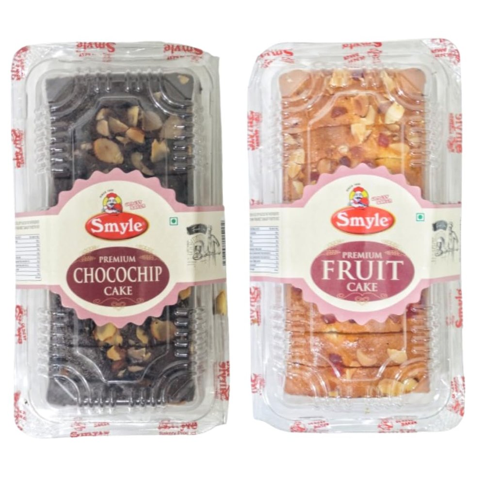 Smyle | Eggless Chocolate & Fruit Cake Combo | Pack of 2 (200g Each) | Almond Topped Tea Time Cakes | Soft & Fresh Baked Dessert | Made with Sunflower Oil | Palm Oil Free | 400gm Total Weight