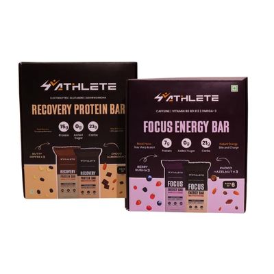 4ATHLETE Recovery Bars and Focus Bars | No added sugar | No preservative | All Natural Ingredients | Assorted - Pack of 12 (6 x Recovery bars, 6 x Focus bars)
