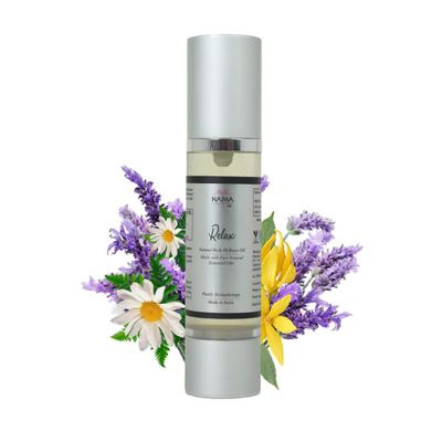 Naima Relax Body & Massage Oil Essential Oils of Petitgrain, Geranium, Lavender, Frankincense, Roman Chamomile & Ylang Ylang Stress Relief & Relaxation Skin Oil 30 ml
