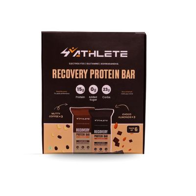 4ATHLETE Recovery Protein Bars Assorted Pack of 6 (3 x Nutty Coffee, 3 x Choco Almonds)15g Protein | No added sugar | No preservative | All Natural Ingredients | Ashwagandha,Glutamine,Electrolytes