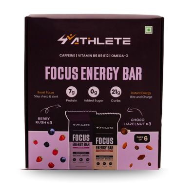 4ATHLETE Focus Energy Bars | Caffiene, B vitamins, Omega -3| 7g Protein | No added sugar | No preservative | All Natural Ingredients (Pack of 6 Assorted) 3 x Berry Rush, 3 x Choco Hazelnut