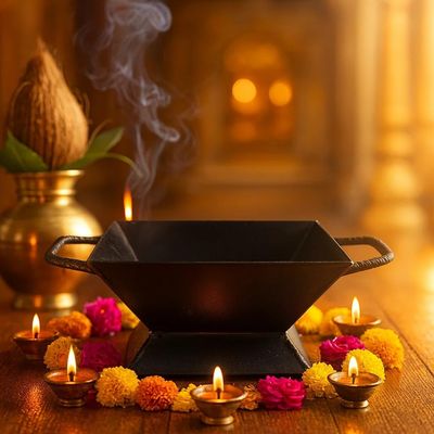 100% Iron Hawan Kund for Home Big Size | Durable Iron Large Havan Kund with Handles | Traditional Hawan Kund for Daily Pooja, Grah Pravesh, Wedding & Temple Use (Size - 12inch)