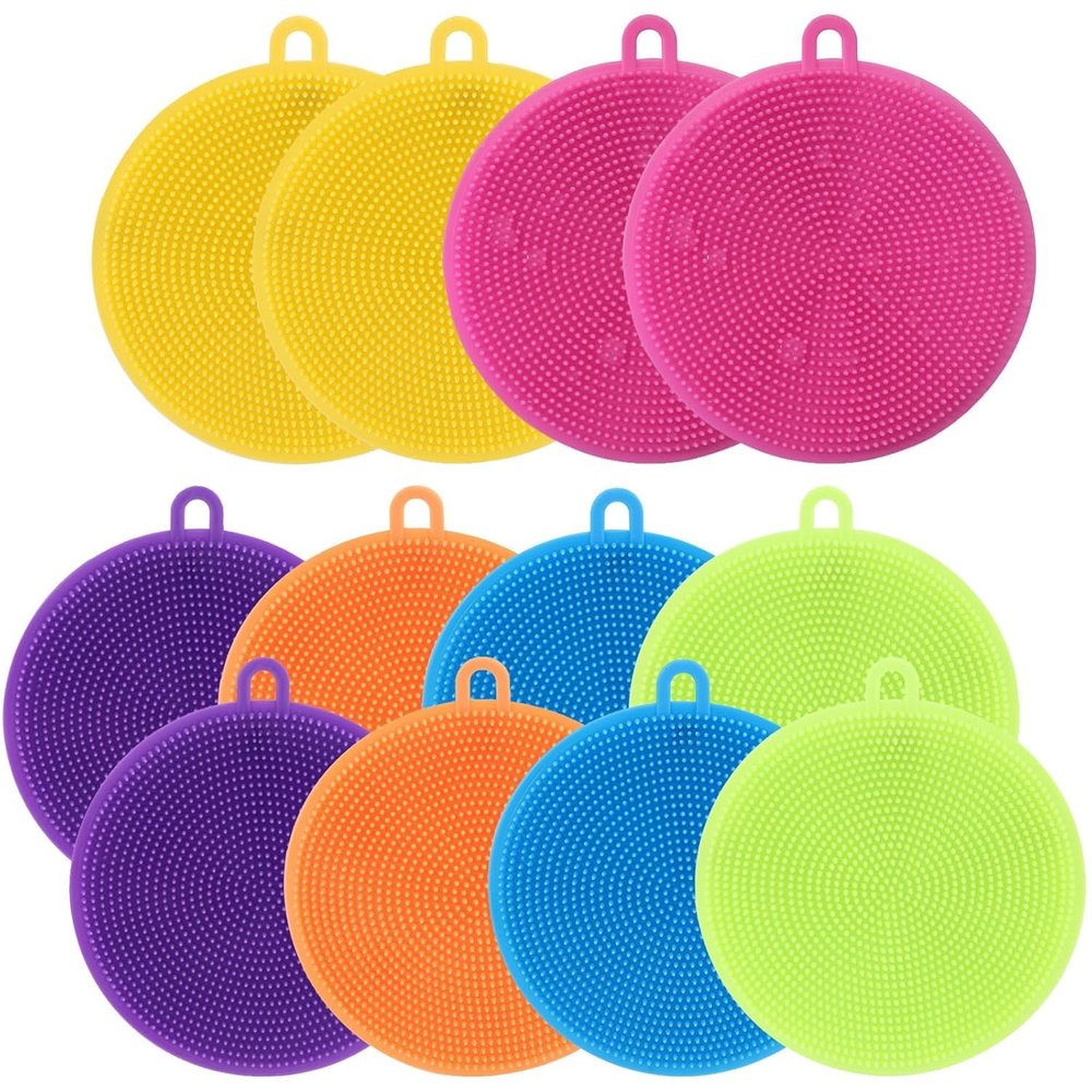 Biplojit Silicone Dish Scrubber, 12 Pack Silicone Sponge Dish Brush Food Grade BPA Free Reusable Rubber Sponges Dishwasher Fruits Vegetables Washing and Cleaning