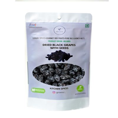 GROWSYL Dried Black Grapes with Seeds | 100% Natural, Sweet & Chewy | Rich in Antioxidants, Vitamins & Fiber | Healthy Snack, Baking & Dessert Ingredient | Available in 100g, 250g, 500g & 1kg Packs (100g)