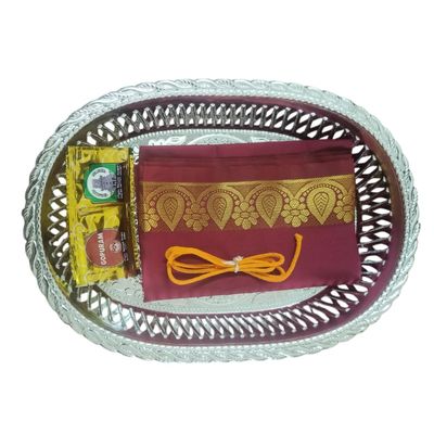 25 Return Gift Sets for Women , Navratri, Durga PUJA Combo (5 Sets of 5 Items Each: Blouse BIT, Turmeric Powder, KUMKUM, Turmeric Thread, Pooja Plate) Best WomenS Return Gift Combo