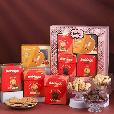 Bakingo Premium Gift Hamper of Cheese Garlic Cracker, Set of 3 Assorted Cookies In Box For Birthday Gift, Anniversary Gift, Christmas Gift & New Year Gift (Same Day Delivery)