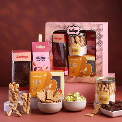 Bakingo Premium Gift Hamper of Cheese Garlic Crackers, Almonds Rock, Cheese Straw, Tea Cake In Box For Birthday Gift, Anniversary Gift, Christmas Gift & New Year Gift (Same Day Delivery)
