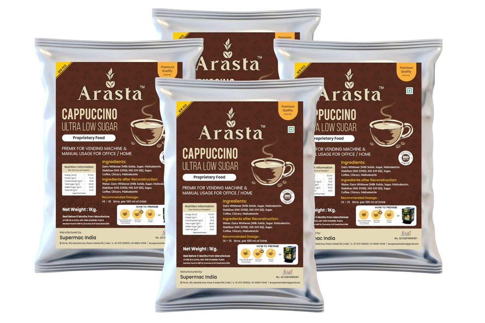 Arasta Cappuccino Premix Ultra Low Sugar | Instant Coffee Powder for Vending Machine & Manual Use | 1 Kg Each (Pack of 4)