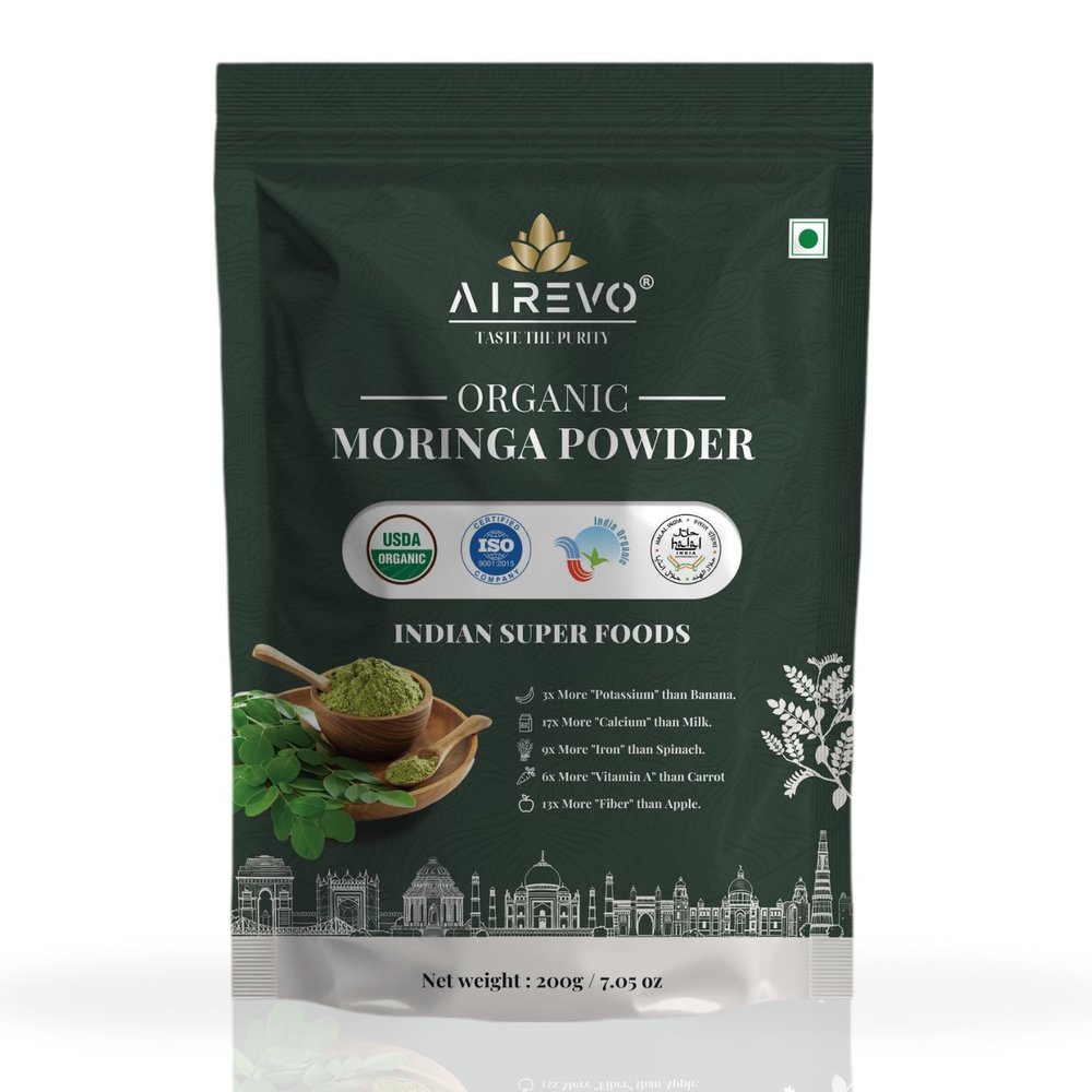 AIREVO 100% Organic USDA (American) Certified Moringa Oleifera Powder - | India Organic | Moringa Leaves Powder | Immunity, Digestion & Energy | Essential Nutrition Superfood | Richness in Vitamins & Minerals | Vegan, Non-GMO, Gluten-Free (200gm)