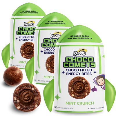 Kaidoo Kids Choco Comets  Mint Crunch Flavor 3 Pack, Chocolate Filled Energy Balls, Natural High Protein & Fiber No Colour, No Added Sugar, Healthy Snacks for Children