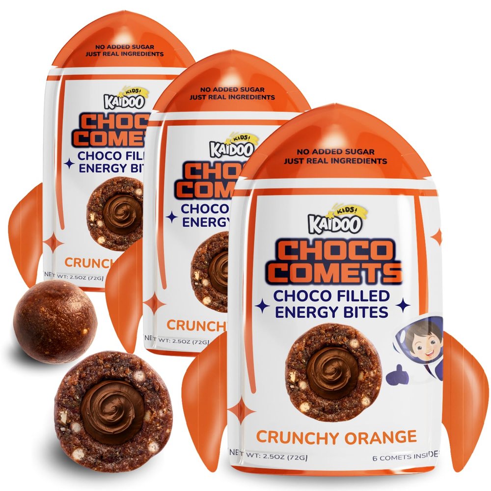 Kaidoo Kids Choco Comets Crunchy Orange Flavor 3 Pack, Chocolate Filled Energy Balls, Natural High Protein & Fiber No Colour, No Added Sugar, Healthy Snacks for Children