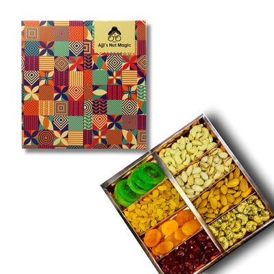 Ajji's Nut Magic Dry Fruit Gift Boxes | Premium 8-in-1 Dry Fruit Gift Box (500g) Almonds, Pistachios, Cashews, Cranberries, Fruit Mix, Black Pepper Cashews, Pineapple Coins, Apricots and Kiwi Dry Fruits Pack, Diwali dryfruit Gift Box, Combo Dry Fruit