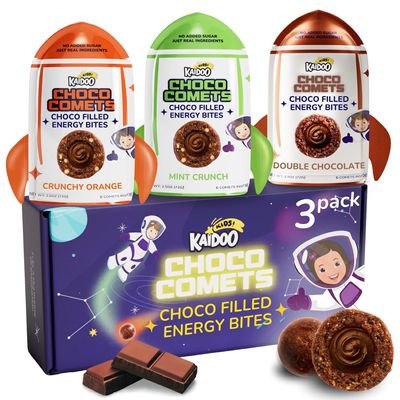 Kaidoo Kids Choco Comets  Variety 3 Pack, Chocolate Filled Energy Balls, Natural High Protein & Fiber No Colour, No Added Sugar, Healthy Snacks for Children