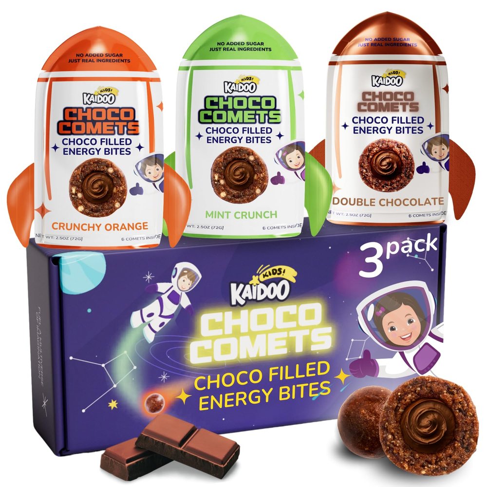 Kaidoo Kids Choco Comets  Variety 3 Pack, Chocolate Filled Energy Balls, Natural High Protein & Fiber No Colour, No Added Sugar, Healthy Snacks for Children