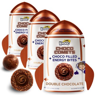 Kaidoo Kids Choco Comets  Double Chocolate Flavor 3 Pack, Chocolate Filled Energy Balls, Natural High Protein & Fiber No Colour, No Added Sugar, Healthy Snacks for Children
