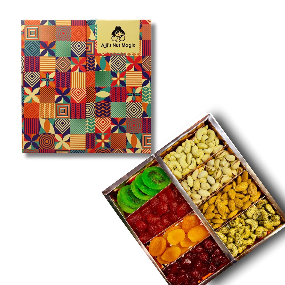 Ajji's Nut Magic Dry Fruit Gift Box 500g | Premium Assortment of 8 Varieties Almonds, Pistachios, Cashews, Cherries, Kiwi, Strawberries, Apricots, and Black Pepper Cashews | Giftbox for All Festivals & Celebrations | Mix Dry Fruits Pack | Diwali Gift