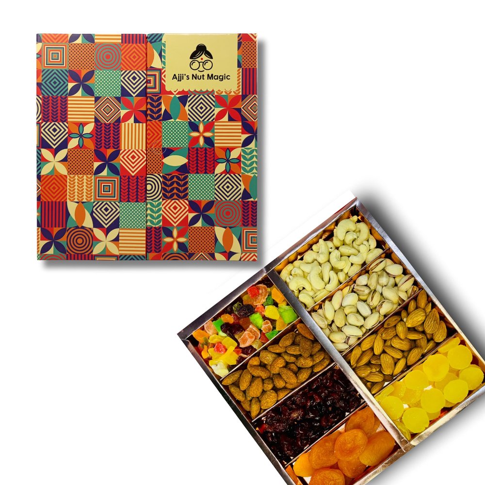 Ajji's Nut Magic Dry Fruit Gift Box 500g | Premium Assortment of 8 Varieties Almonds, Pistachios, Cashews, Cranberries, Fruit Mix, Peri Peri Almonds, Pineapple Coins, and Apricots | Giftbox for All Festivals & Celebrations | Mix Dry Fruits Pack, Diwa
