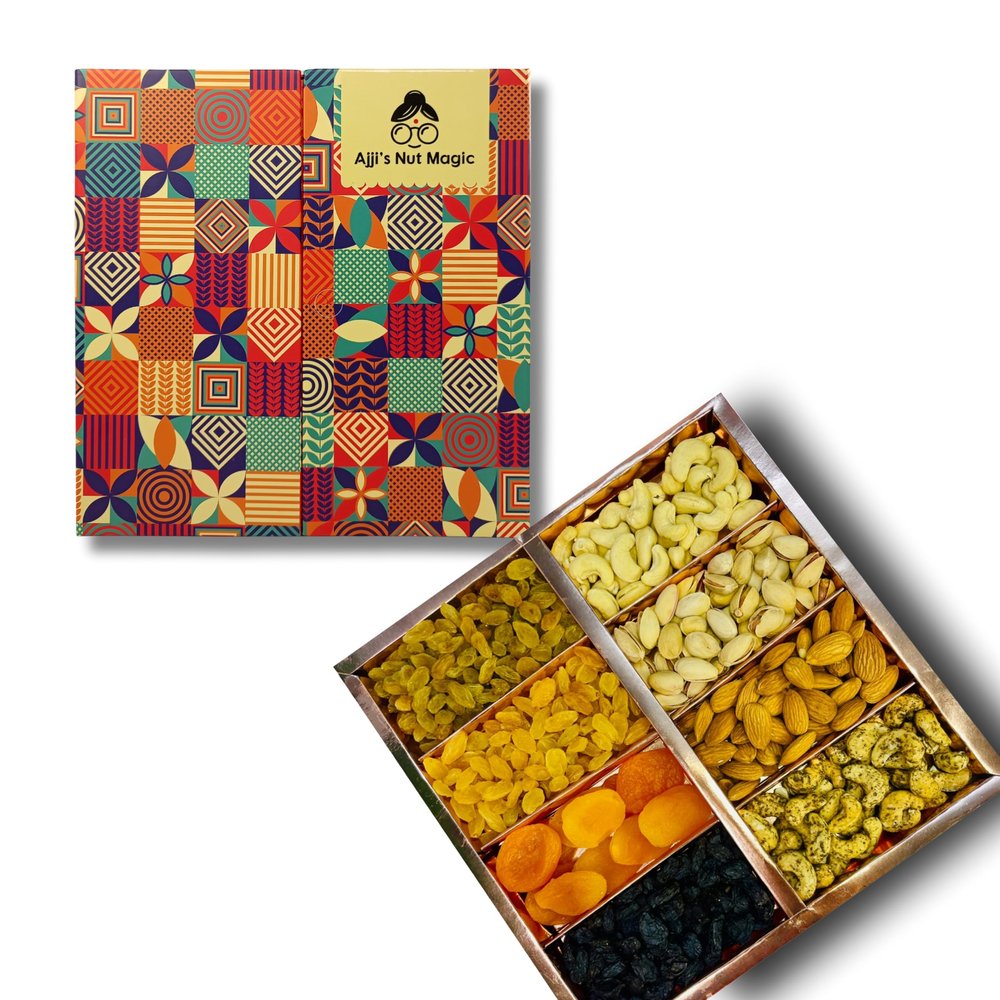 Ajji's Nut Magic Dry Fruit Gift Box 500g | Premium Assortment of 8 Varieties Almonds, Pistachios, Cashews, Apricots, Black and Yellow Raisins, Black Pepper Cashews, and Green Raisins | Giftbox for All Festivals & Celebrations | Mix Dry Fruits Pack, D