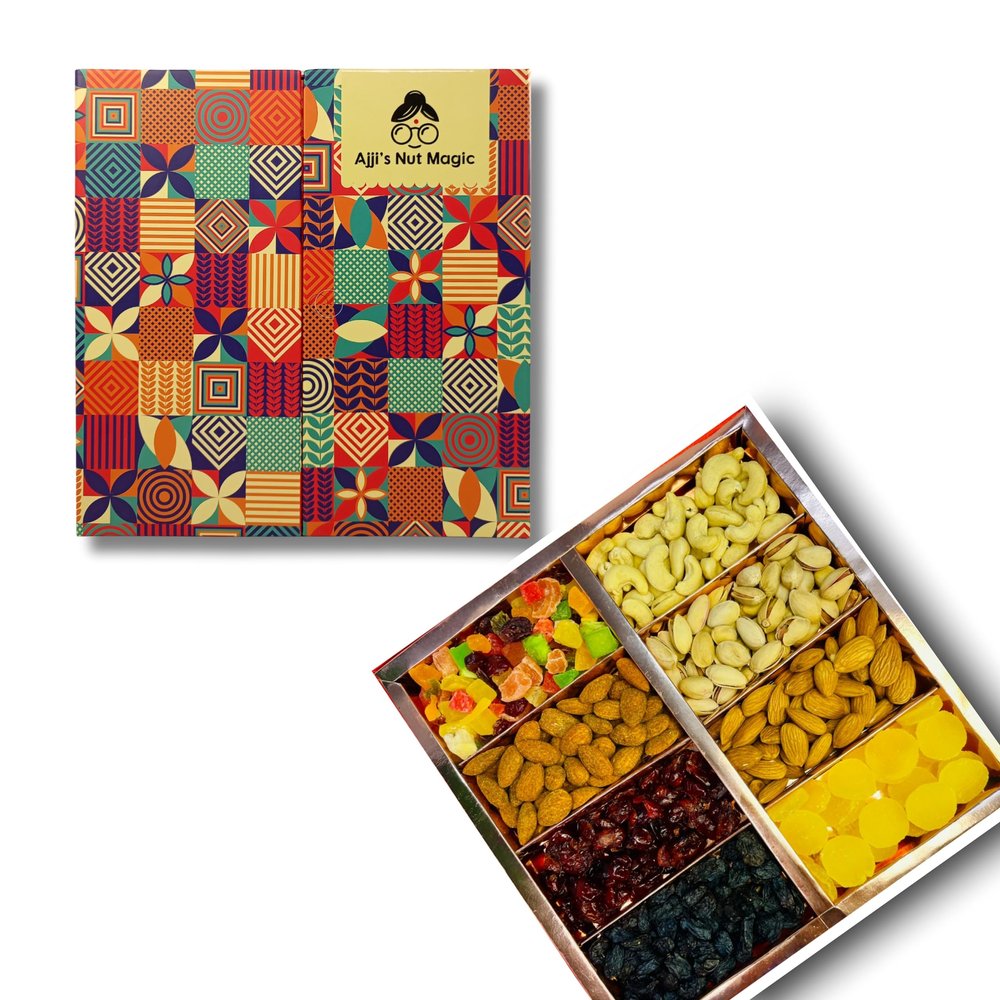 Ajji's Nut Magic Dry Fruit Gift Box 500g | Assortment of almonds, pistachios, cashews, cranberries, fruit mix, peri peri almonds, pineapple coins, and black raisins | Giftbox for All Festivals & Celebrations | Mix Dry Fruits Pack | Diwali Giftbox | C