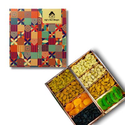 Ajji's Nut Magic Dry Fruit Gift Box 500g | Premium Assortment of 8 Varieties Almonds, Pistachios, Cashews, Peri Peri Almonds, Apricots, Black Raisins, Green Raisins, and Kiwi | Giftbox for All Festivals & Celebrations | Mix Dry Fruits Pack, Diwali dr