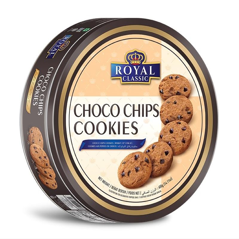 Royal Classic Choco Chips Cookies, Premium Chocolate Chip Biscuits in Tin Container, 400g (From Denmark)
