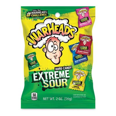 FruitJoy Warhead Extreme Sour Hard Green Apple, Black Cherry, Blue Raspberry, Lemon, and Watermelon Candy Pouch, 56 G, 57 Grams