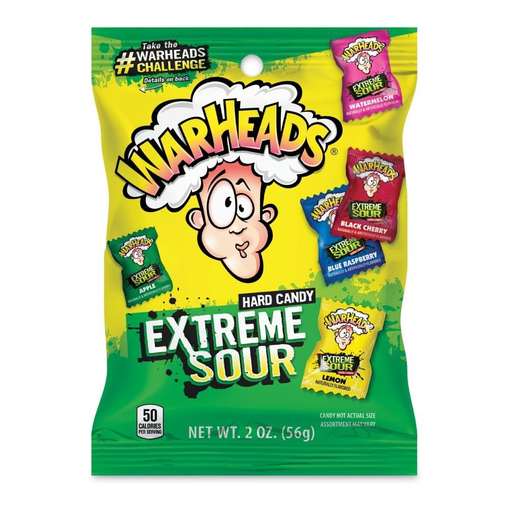 FruitJoy Warhead Extreme Sour Hard Green Apple, Black Cherry, Blue Raspberry, Lemon, and Watermelon Candy Pouch, 56 G, 57 Grams