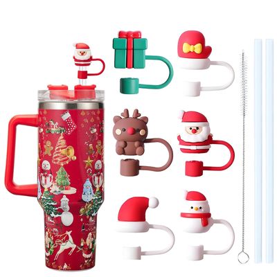 8PCS Christmas Straw Cover, Reusable Silicone Straw Toppers for Stanley Cup, Dust-Proof Straws Covers for 10mm Straws, Holiday Tumbler Accessories with Cleaning Brush