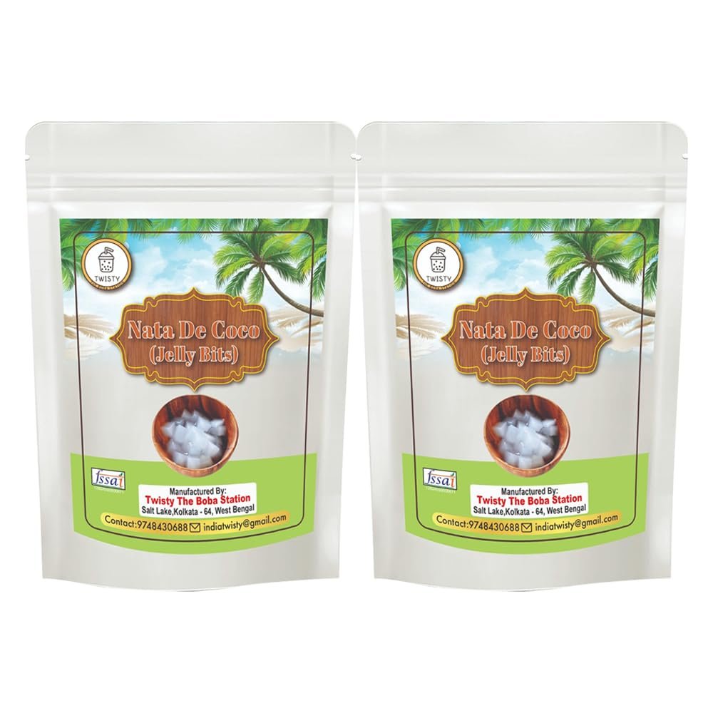 Twisty The Boba Station 200 Gm Nata De Coco Jelly Bits | Coconut Flavored | Refreshing Topping for Bubble Tea, Smoothies, Milkshakes & Ice Cream | Easy to Use | Pack of 2 (400 Grams)