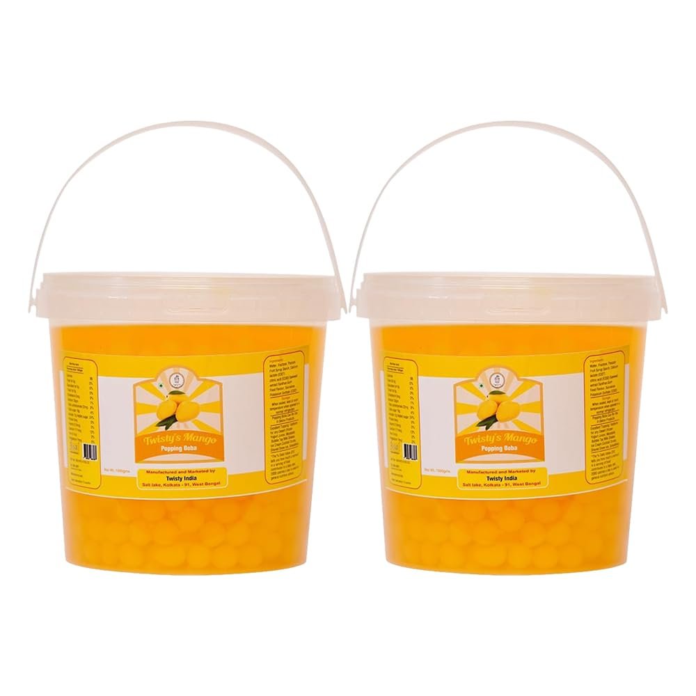 Twisty The Boba Station 1kg Mango Popping Boba with 10 Straws for Bubble Tea, Milkshakes, Ice Cream & Yogurt | Vegan | Pack of 2